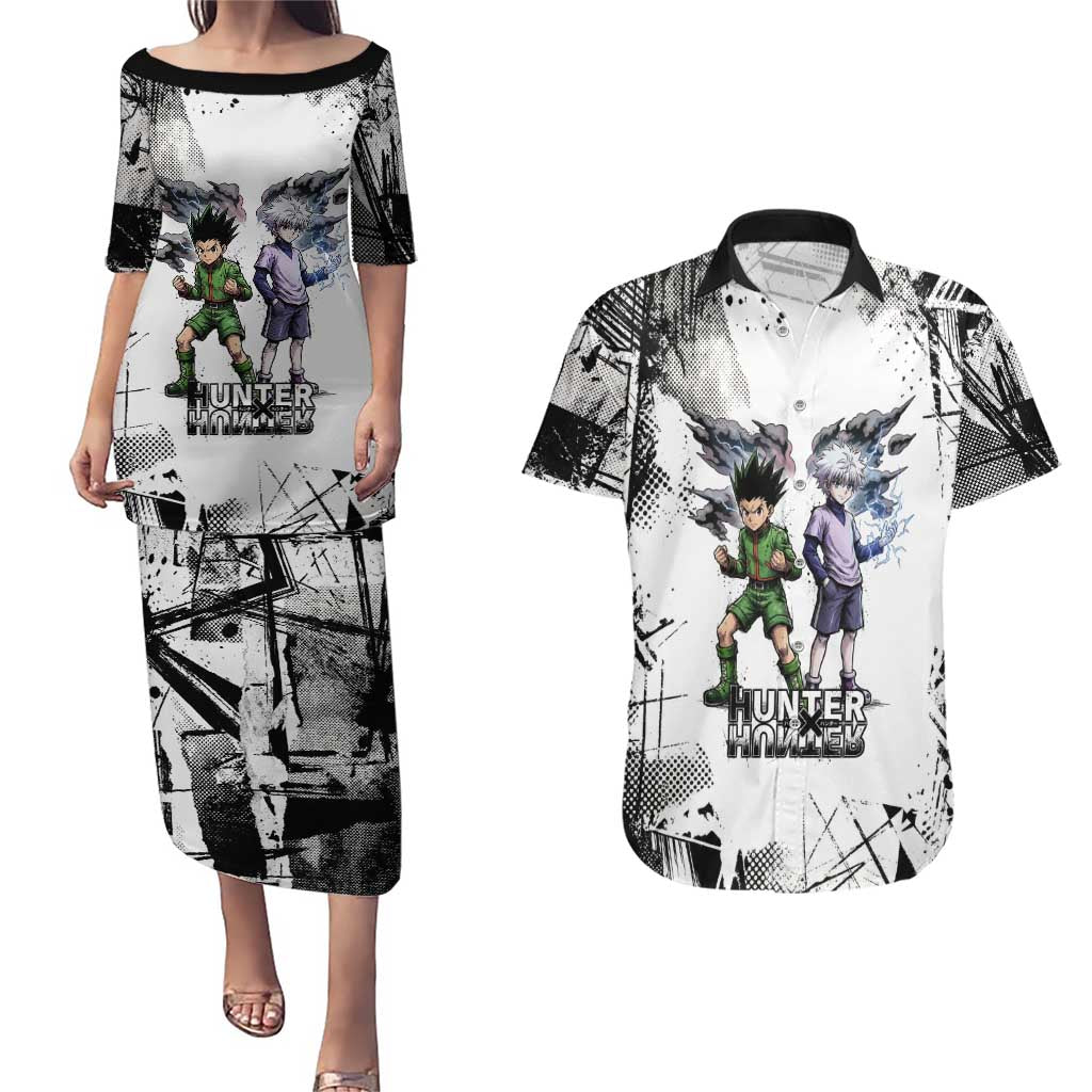 Main Characters Monochrome Graffiti Style Couples Matching Puletasi and Hawaiian Shirt with Gon Killua Kurapika and Leorio Team Design - The Mazicc