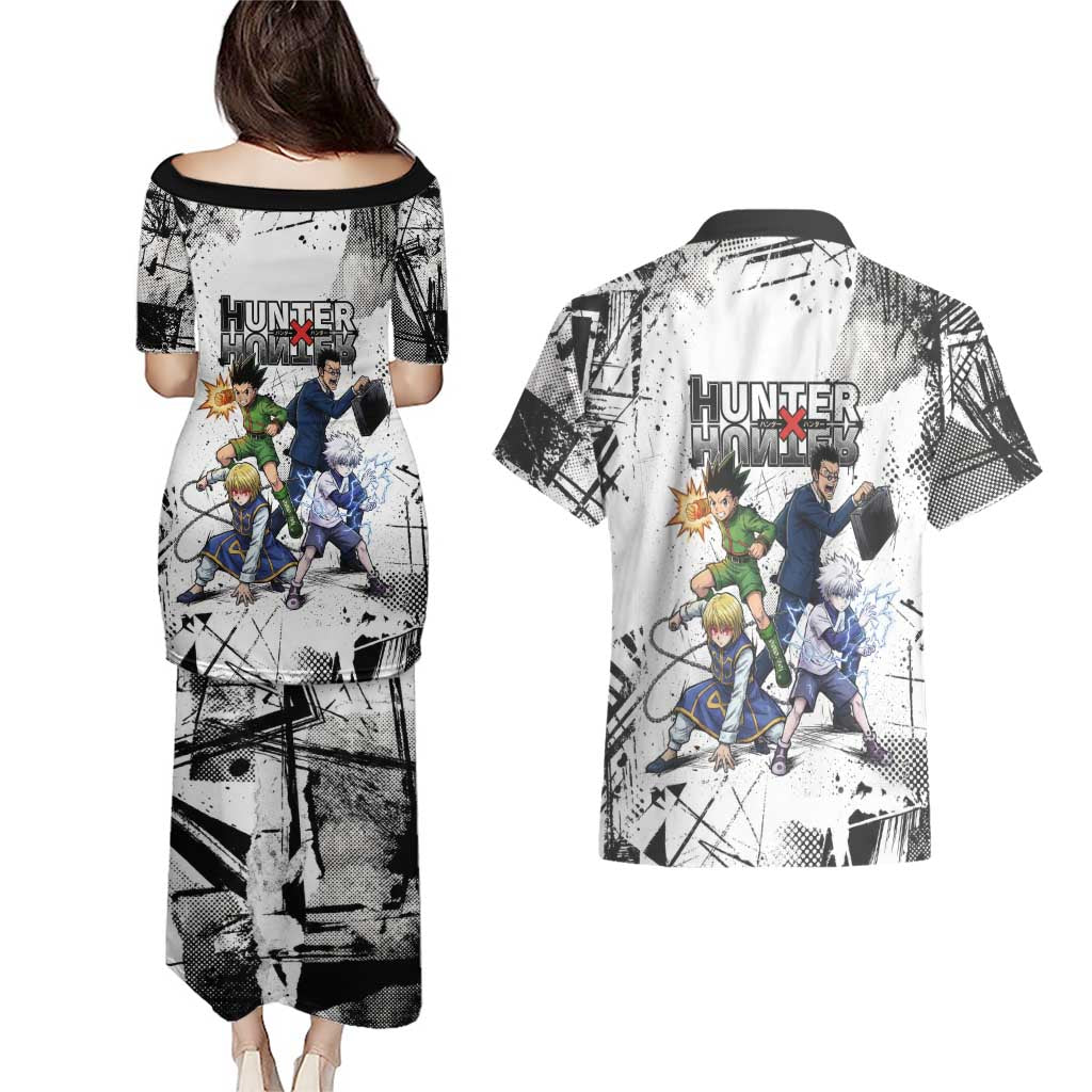 Main Characters Monochrome Graffiti Style Couples Matching Puletasi and Hawaiian Shirt with Gon Killua Kurapika and Leorio Team Design - The Mazicc