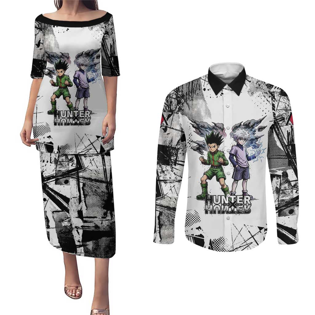 Main Characters Monochrome Graffiti Style Couples Matching Puletasi and Long Sleeve Button Shirt with Gon Killua Kurapika and Leorio Team Design - The Mazicc