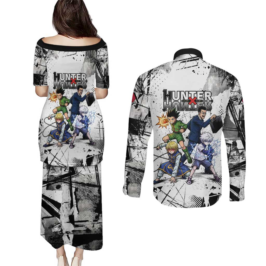 Main Characters Monochrome Graffiti Style Couples Matching Puletasi and Long Sleeve Button Shirt with Gon Killua Kurapika and Leorio Team Design - The Mazicc