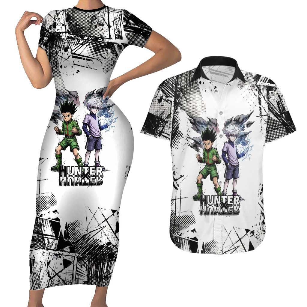 Main Characters Monochrome Graffiti Style Couples Matching Short Sleeve Bodycon Dress and Hawaiian Shirt with Gon Killua Kurapika and Leorio Team Design - The Mazicc