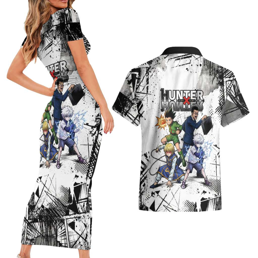 Main Characters Monochrome Graffiti Style Couples Matching Short Sleeve Bodycon Dress and Hawaiian Shirt with Gon Killua Kurapika and Leorio Team Design - The Mazicc
