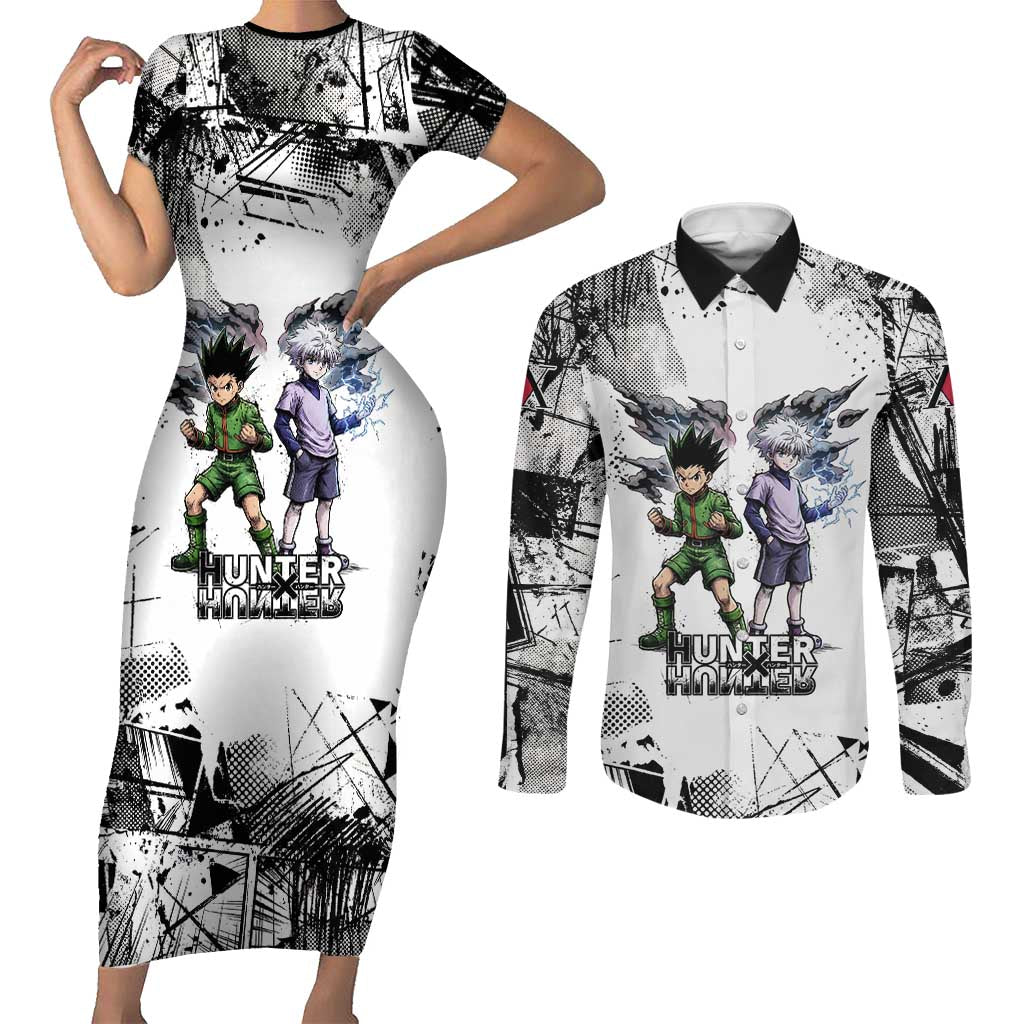 Main Characters Monochrome Graffiti Style Couples Matching Short Sleeve Bodycon Dress and Long Sleeve Button Shirt with Gon Killua Kurapika and Leorio Team Design - The Mazicc