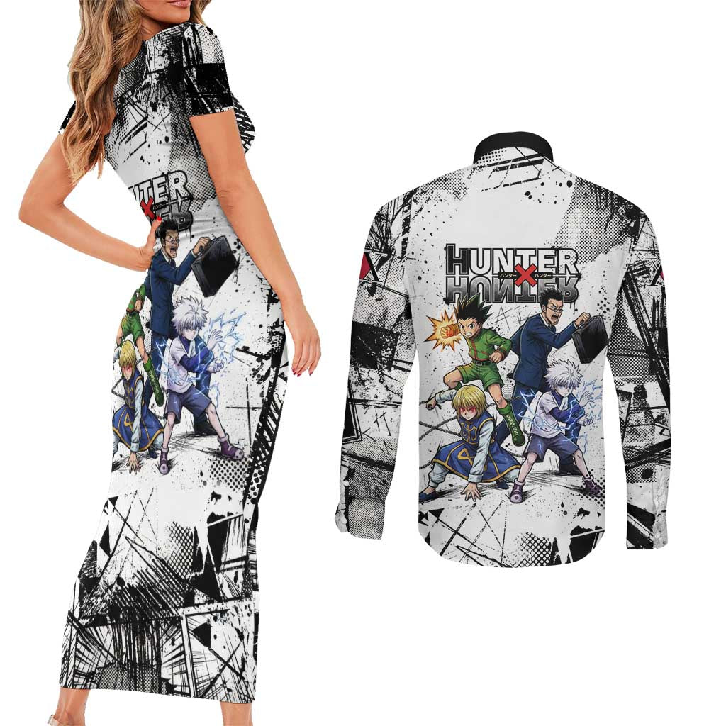 Main Characters Monochrome Graffiti Style Couples Matching Short Sleeve Bodycon Dress and Long Sleeve Button Shirt with Gon Killua Kurapika and Leorio Team Design - The Mazicc
