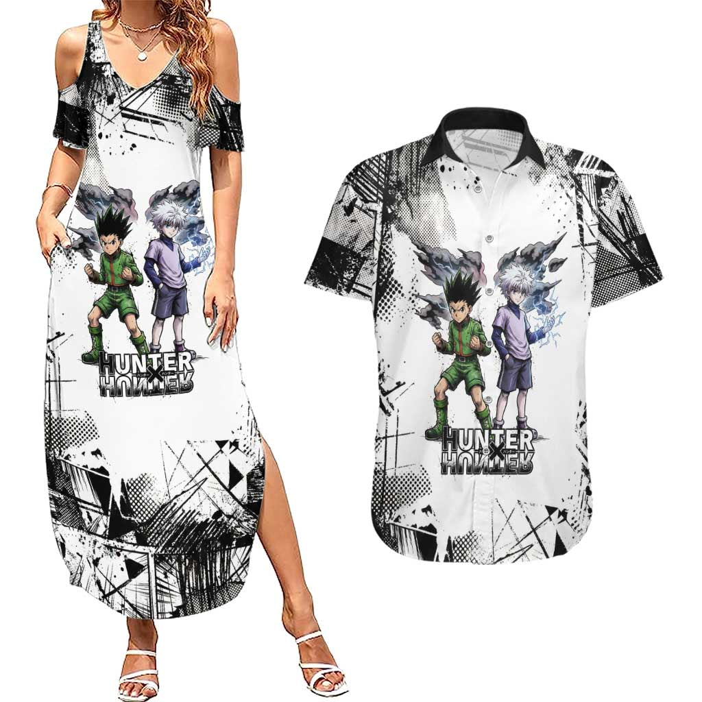 Main Characters Monochrome Graffiti Style Couples Matching Summer Maxi Dress and Hawaiian Shirt with Gon Killua Kurapika and Leorio Team Design - The Mazicc