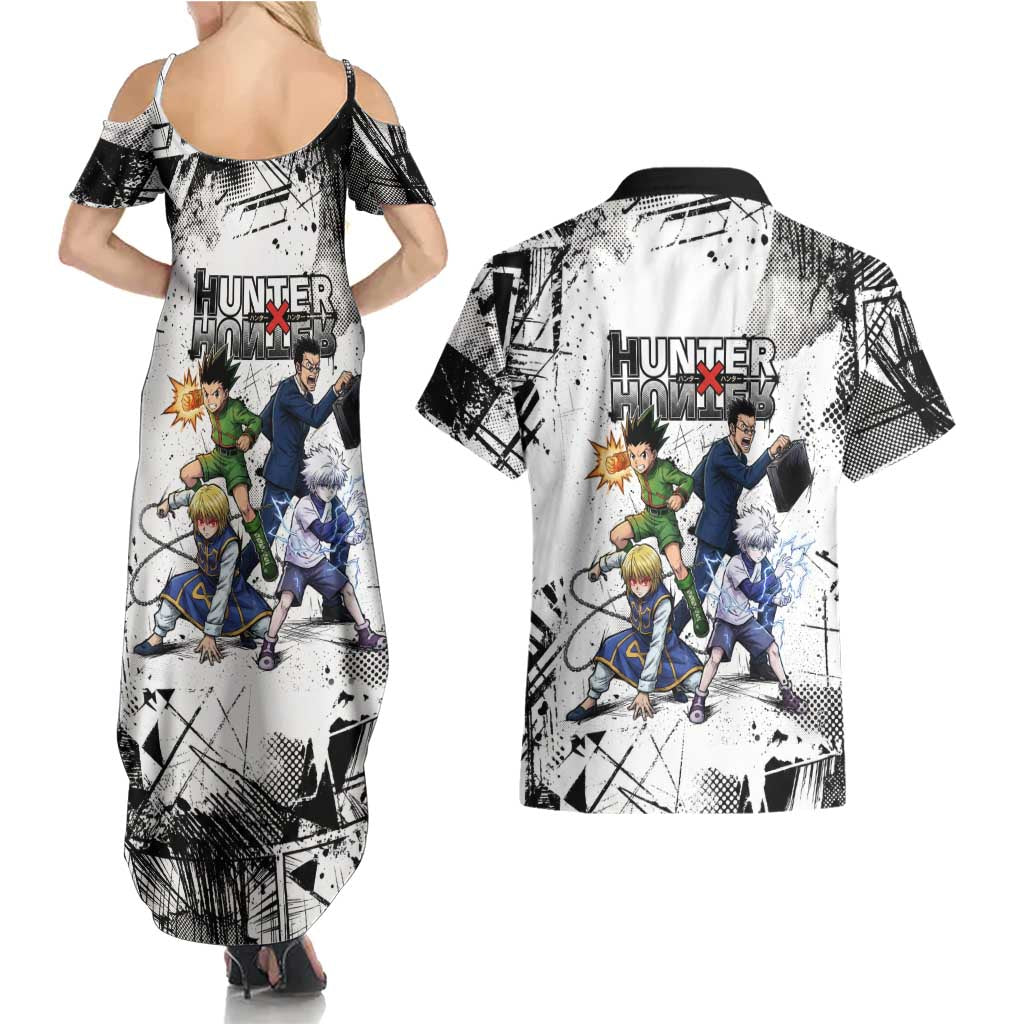 Main Characters Monochrome Graffiti Style Couples Matching Summer Maxi Dress and Hawaiian Shirt with Gon Killua Kurapika and Leorio Team Design - The Mazicc