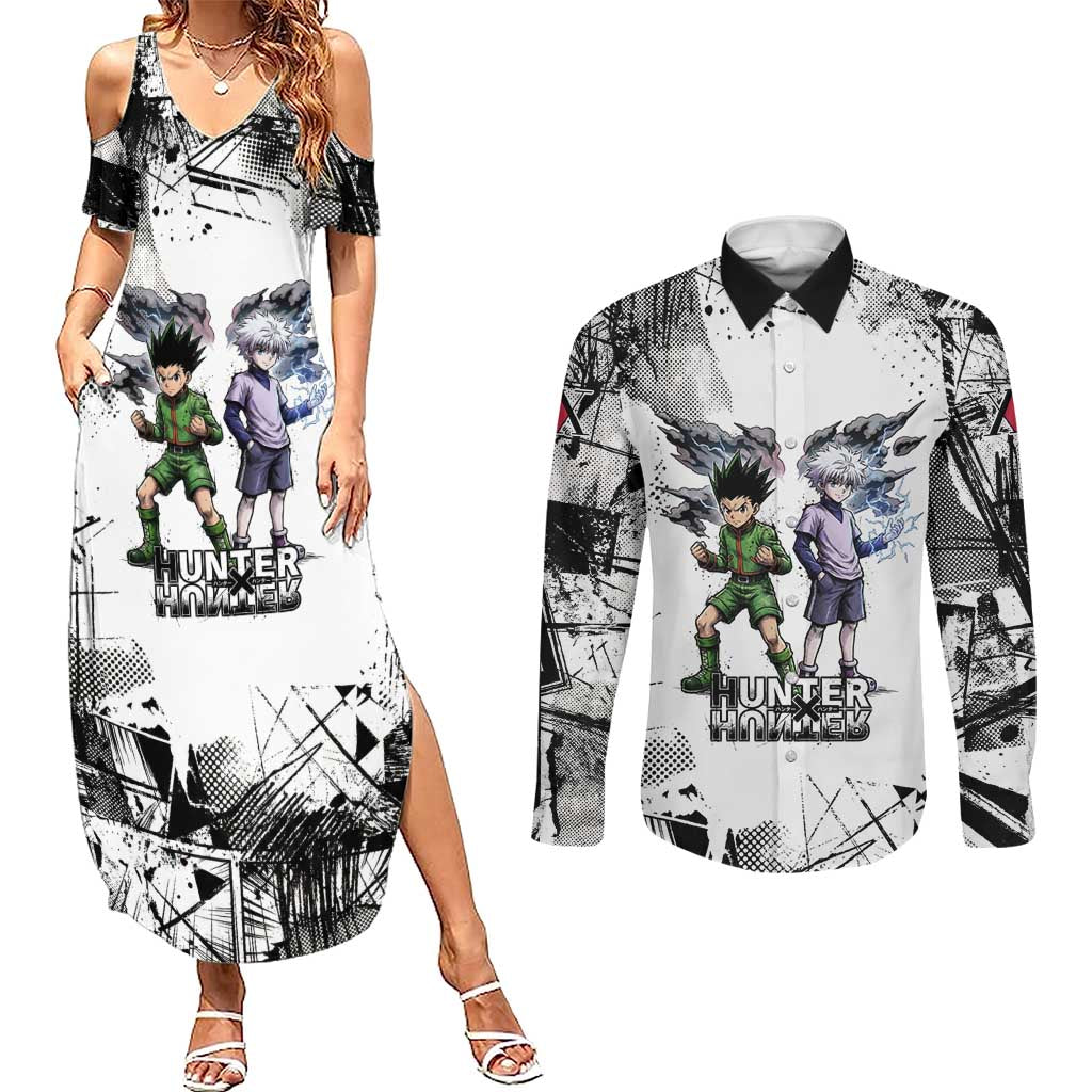 Main Characters Monochrome Graffiti Style Couples Matching Summer Maxi Dress and Long Sleeve Button Shirt with Gon Killua Kurapika and Leorio Team Design - The Mazicc