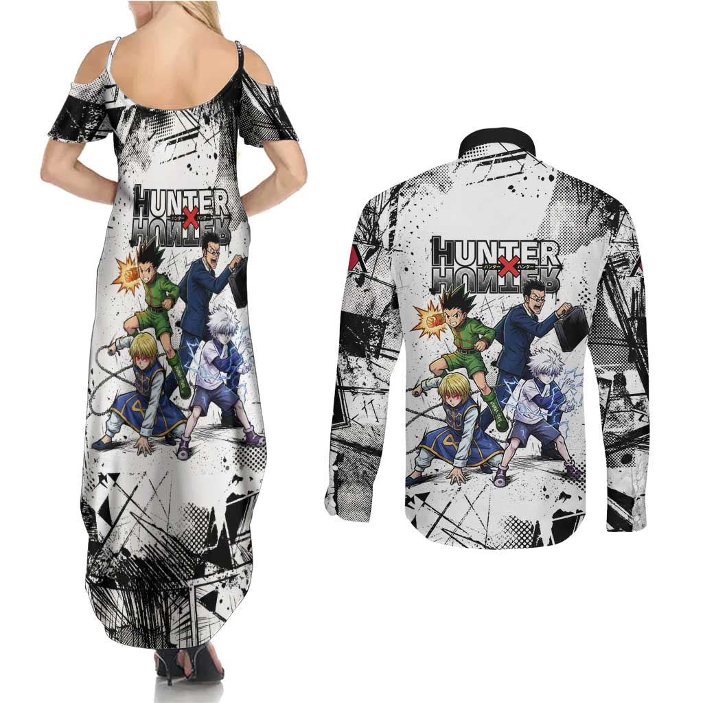 Main Characters Monochrome Graffiti Style Couples Matching Summer Maxi Dress and Long Sleeve Button Shirt with Gon Killua Kurapika and Leorio Team Design - The Mazicc