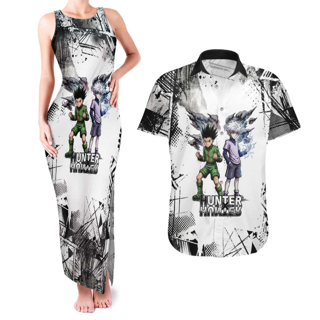 Main Characters Monochrome Graffiti Style Couples Matching Tank Maxi Dress and Hawaiian Shirt with Gon Killua Kurapika and Leorio Team Design - The Mazicc