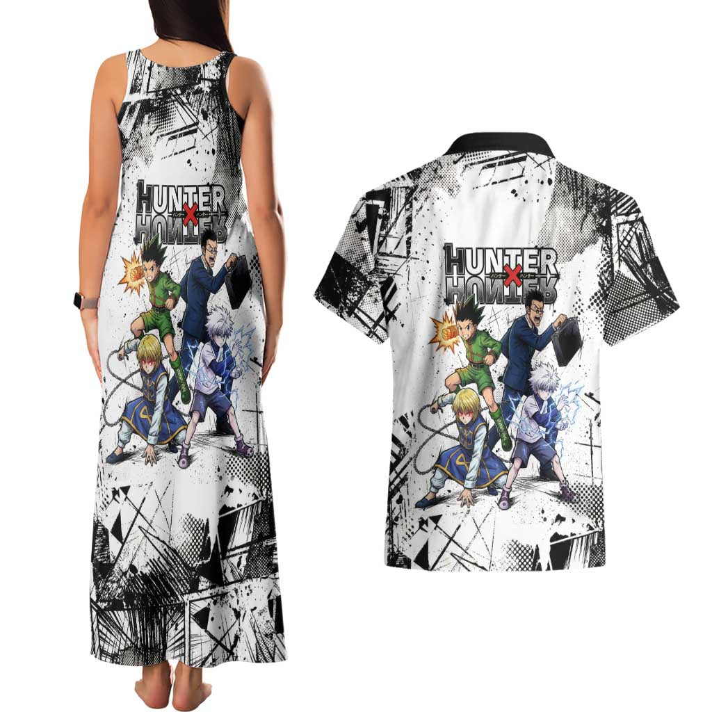 Main Characters Monochrome Graffiti Style Couples Matching Tank Maxi Dress and Hawaiian Shirt with Gon Killua Kurapika and Leorio Team Design - The Mazicc