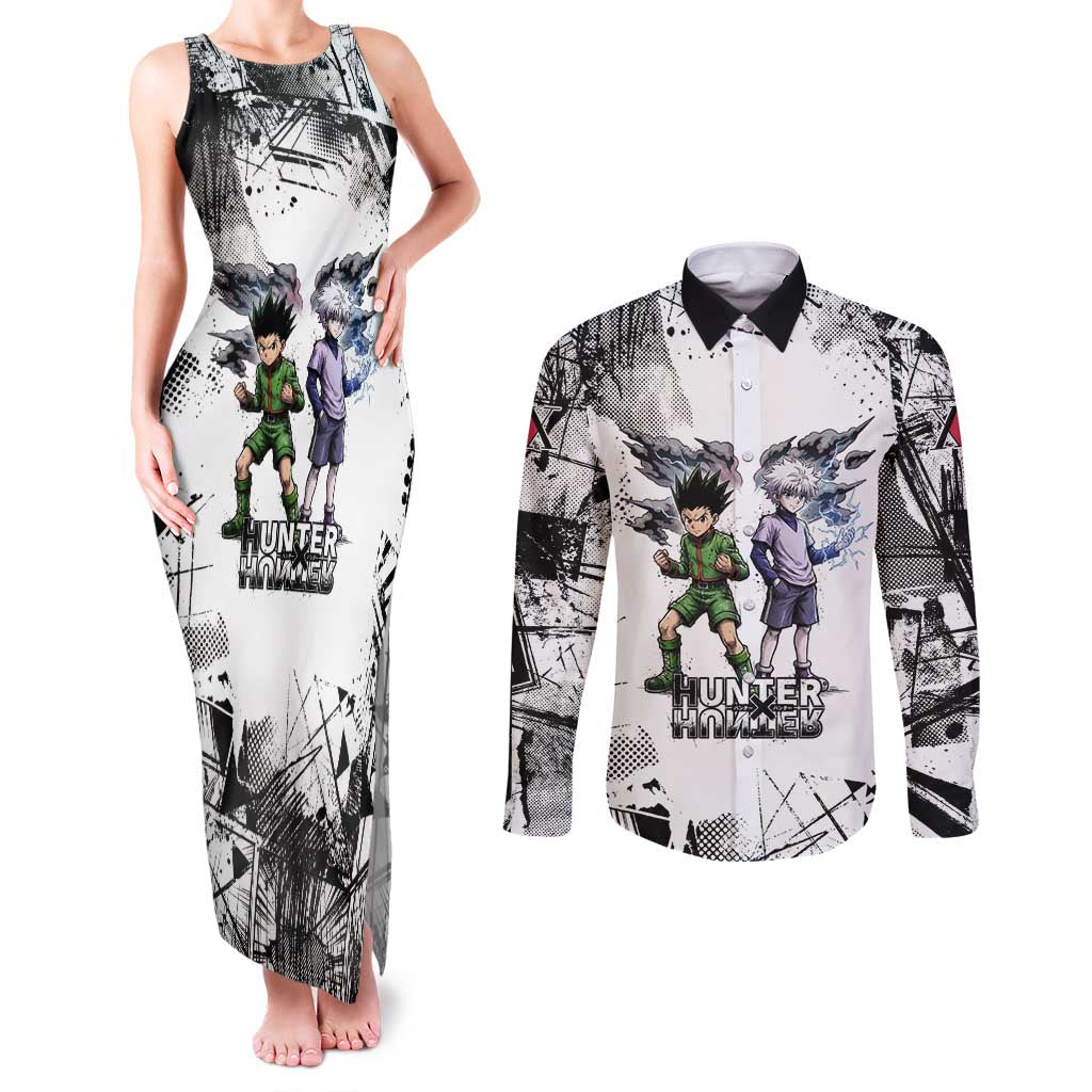 Main Characters Monochrome Graffiti Style Couples Matching Tank Maxi Dress and Long Sleeve Button Shirt with Gon Killua Kurapika and Leorio Team Design - The Mazicc