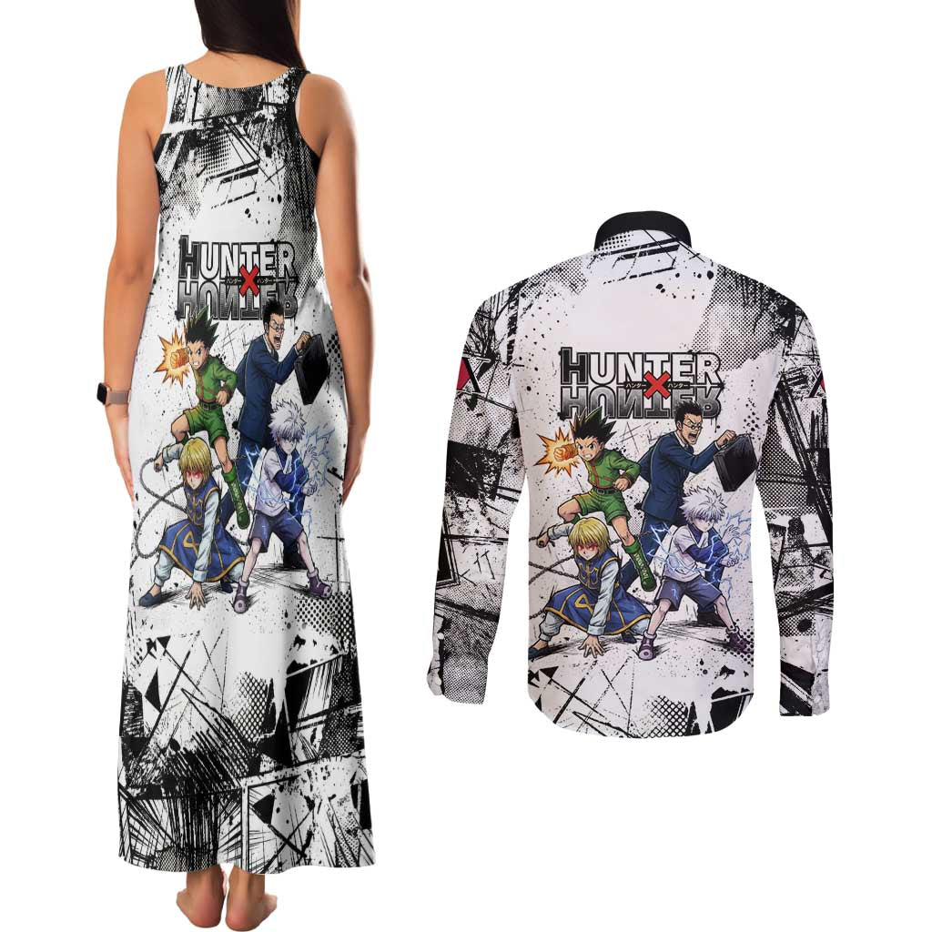 Main Characters Monochrome Graffiti Style Couples Matching Tank Maxi Dress and Long Sleeve Button Shirt with Gon Killua Kurapika and Leorio Team Design - The Mazicc