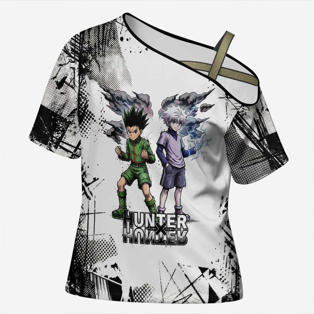 Main Characters Monochrome Graffiti Style Cross Shoulder Shirt with Gon Killua Kurapika and Leorio Team Design - The Mazicc
