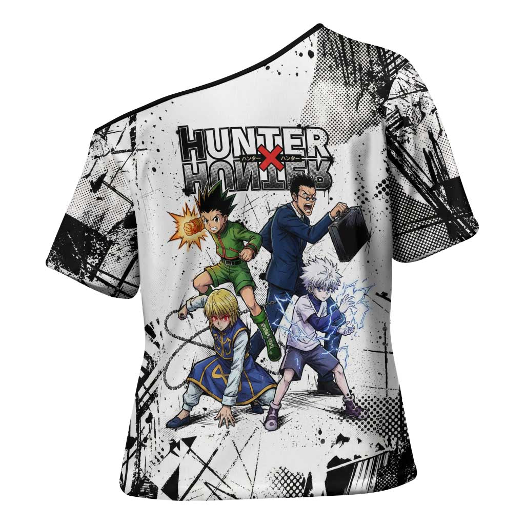Main Characters Monochrome Graffiti Style Cross Shoulder Shirt with Gon Killua Kurapika and Leorio Team Design - The Mazicc