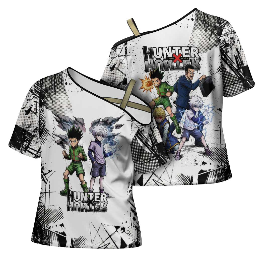 Main Characters Monochrome Graffiti Style Cross Shoulder Shirt with Gon Killua Kurapika and Leorio Team Design - The Mazicc