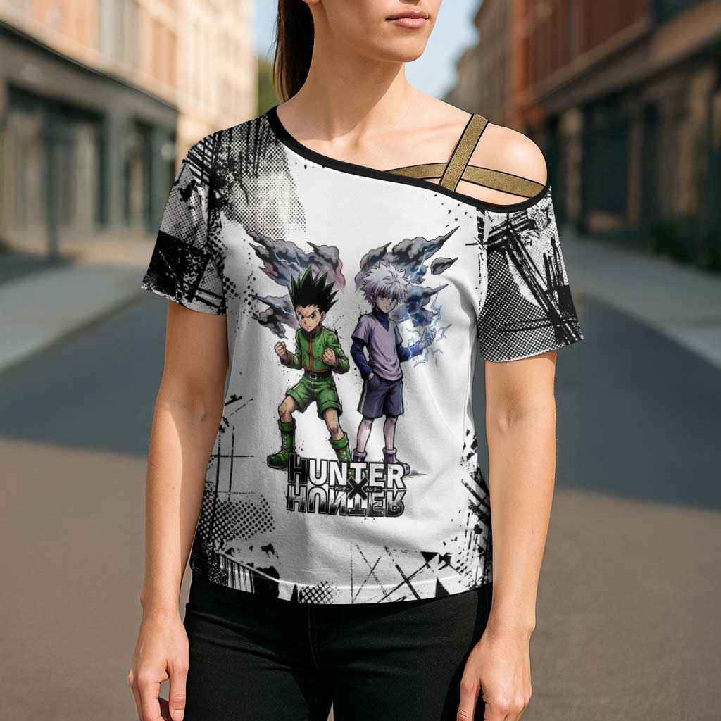 Main Characters Monochrome Graffiti Style Cross Shoulder Shirt with Gon Killua Kurapika and Leorio Team Design - The Mazicc