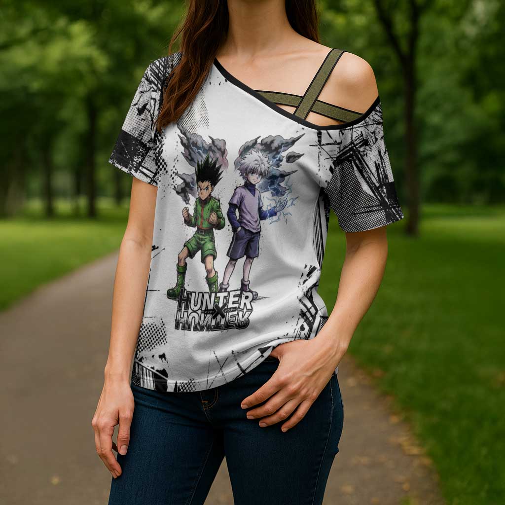 Main Characters Monochrome Graffiti Style Cross Shoulder Shirt with Gon Killua Kurapika and Leorio Team Design - The Mazicc
