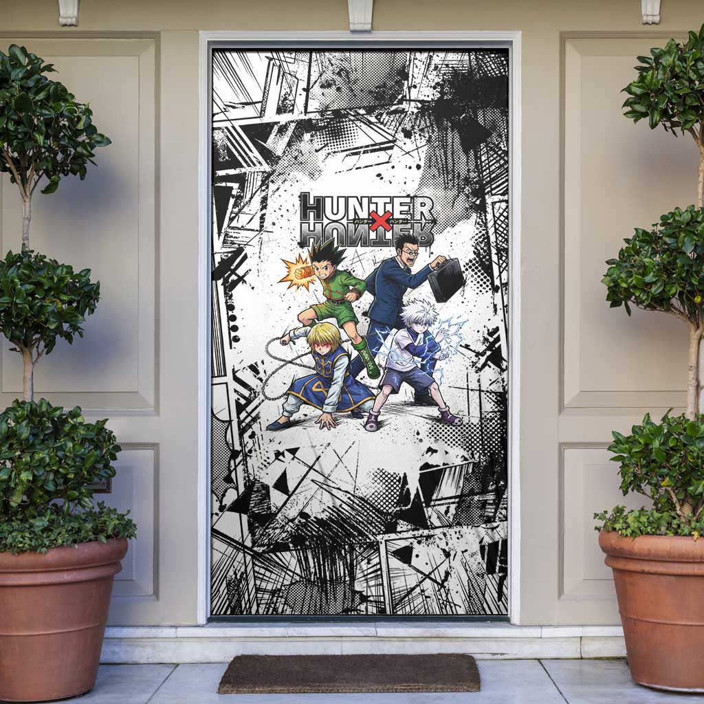 Main Characters Monochrome Graffiti Style Door Cover with Gon Killua Kurapika and Leorio Team Design - The Mazicc
