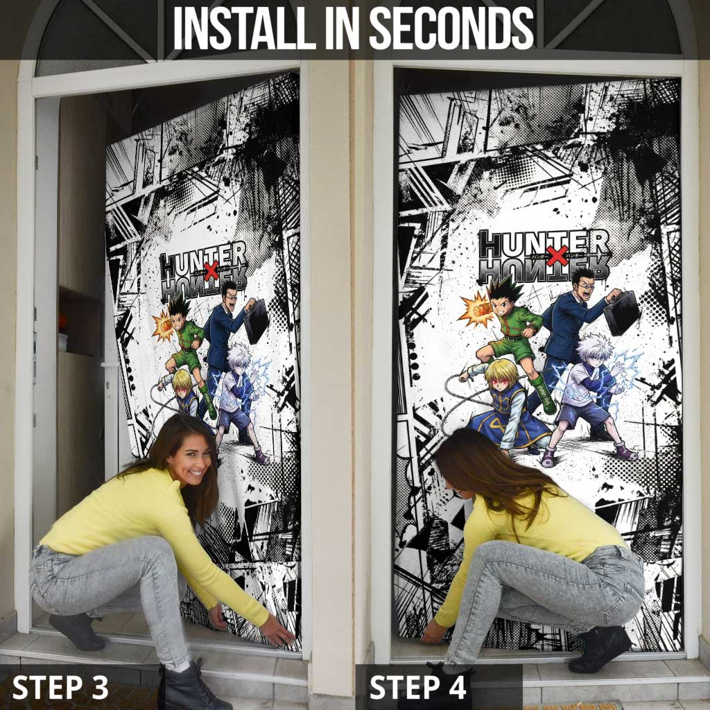 Main Characters Monochrome Graffiti Style Door Cover with Gon Killua Kurapika and Leorio Team Design - The Mazicc