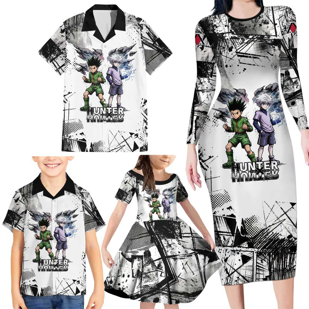 Main Characters Monochrome Graffiti Style Family Matching Long Sleeve Bodycon Dress and Hawaiian Shirt with Gon Killua Kurapika and Leorio Team Design