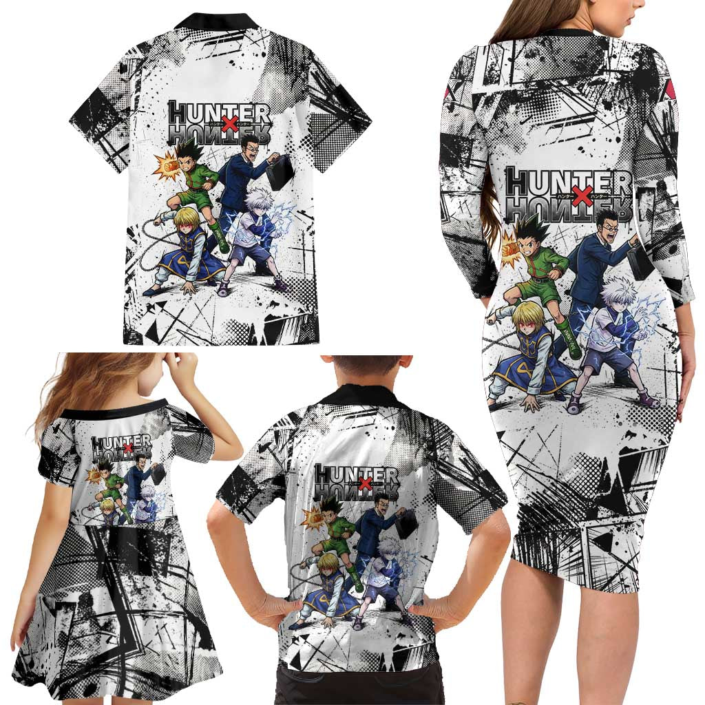 Main Characters Monochrome Graffiti Style Family Matching Long Sleeve Bodycon Dress and Hawaiian Shirt with Gon Killua Kurapika and Leorio Team Design