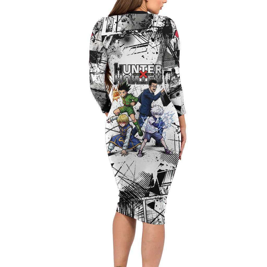 Main Characters Monochrome Graffiti Style Family Matching Long Sleeve Bodycon Dress and Hawaiian Shirt with Gon Killua Kurapika and Leorio Team Design