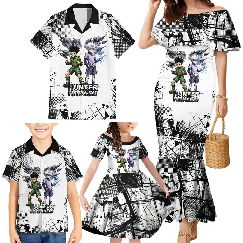 Main Characters Monochrome Graffiti Style Family Matching Mermaid Dress and Hawaiian Shirt with Gon Killua Kurapika and Leorio Team Design
