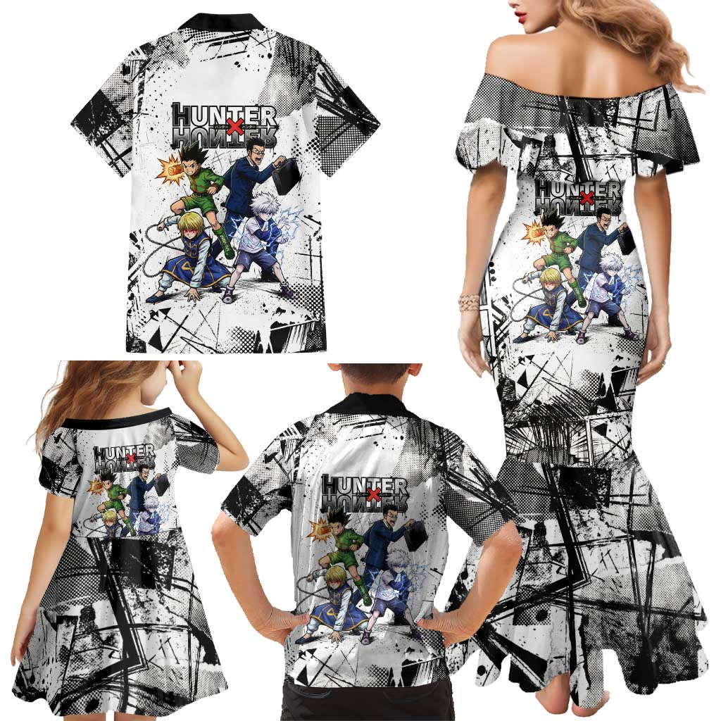 Main Characters Monochrome Graffiti Style Family Matching Mermaid Dress and Hawaiian Shirt with Gon Killua Kurapika and Leorio Team Design