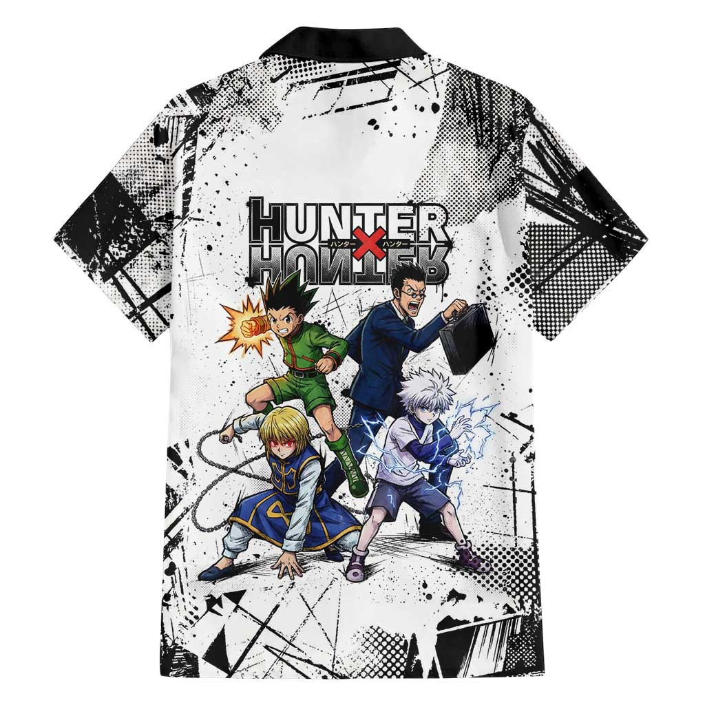 Main Characters Monochrome Graffiti Style Family Matching Mermaid Dress and Hawaiian Shirt with Gon Killua Kurapika and Leorio Team Design