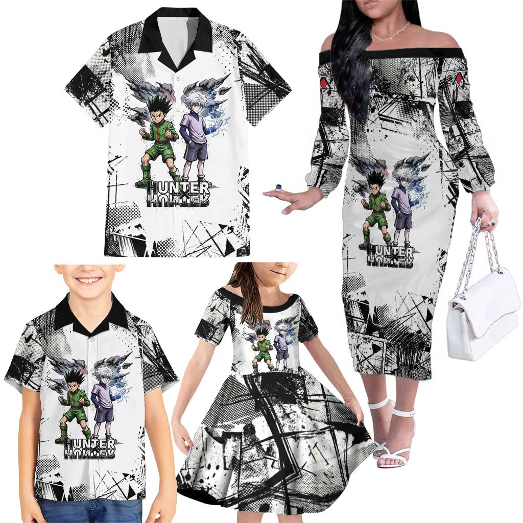 Main Characters Monochrome Graffiti Style Family Matching Off The Shoulder Long Sleeve Dress and Hawaiian Shirt with Gon Killua Kurapika and Leorio Team Design