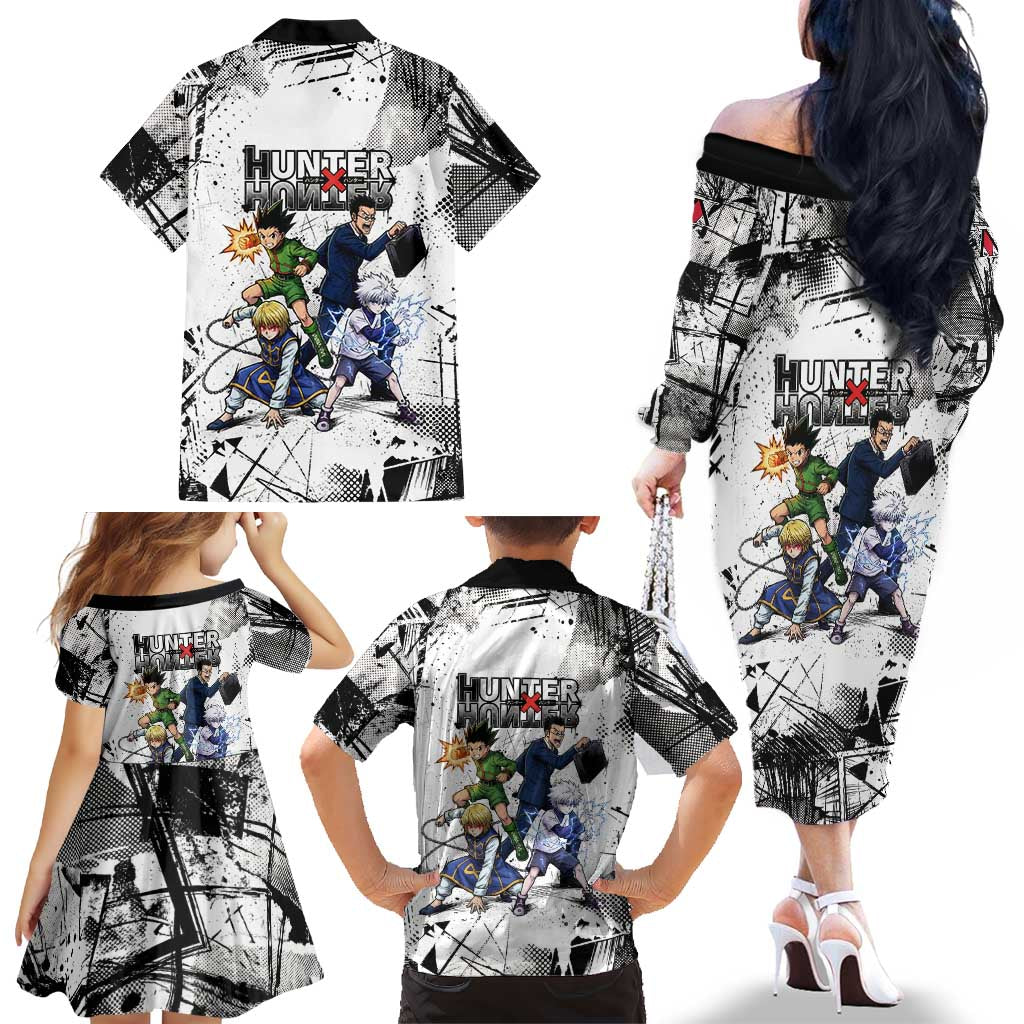 Main Characters Monochrome Graffiti Style Family Matching Off The Shoulder Long Sleeve Dress and Hawaiian Shirt with Gon Killua Kurapika and Leorio Team Design