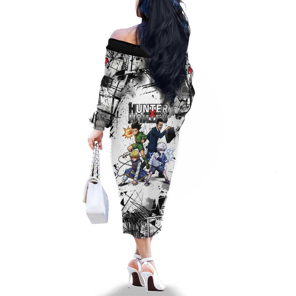 Main Characters Monochrome Graffiti Style Family Matching Off The Shoulder Long Sleeve Dress and Hawaiian Shirt with Gon Killua Kurapika and Leorio Team Design