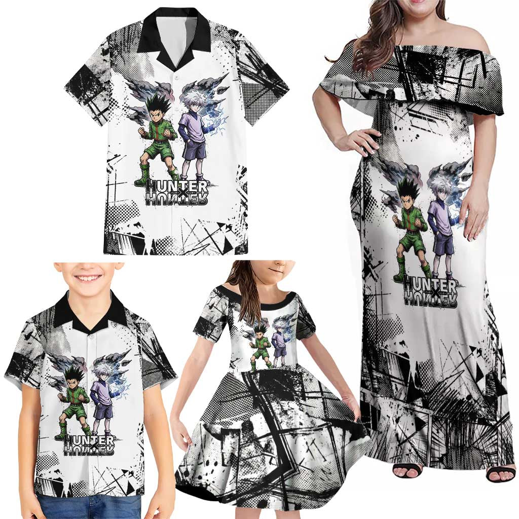 Main Characters Monochrome Graffiti Style Family Matching Off Shoulder Maxi Dress and Hawaiian Shirt with Gon Killua Kurapika and Leorio Team Design