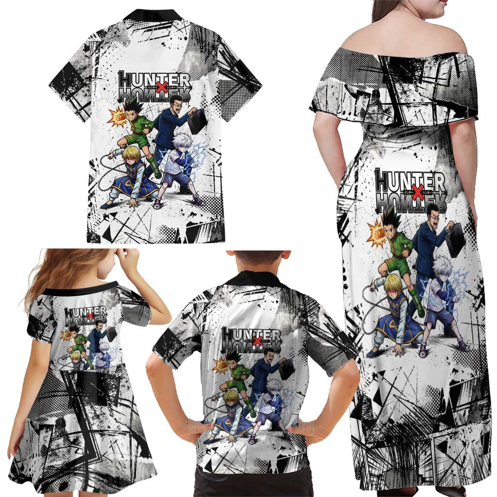 Main Characters Monochrome Graffiti Style Family Matching Off Shoulder Maxi Dress and Hawaiian Shirt with Gon Killua Kurapika and Leorio Team Design