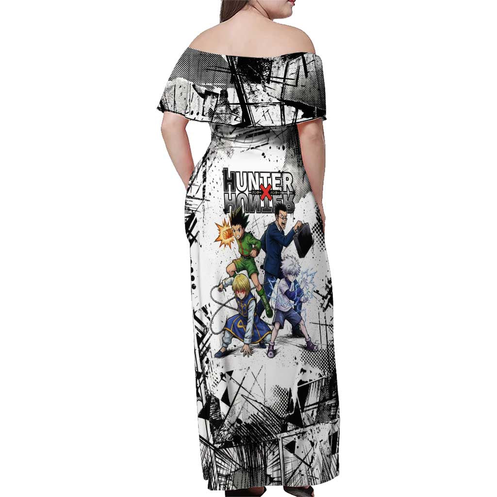 Main Characters Monochrome Graffiti Style Family Matching Off Shoulder Maxi Dress and Hawaiian Shirt with Gon Killua Kurapika and Leorio Team Design