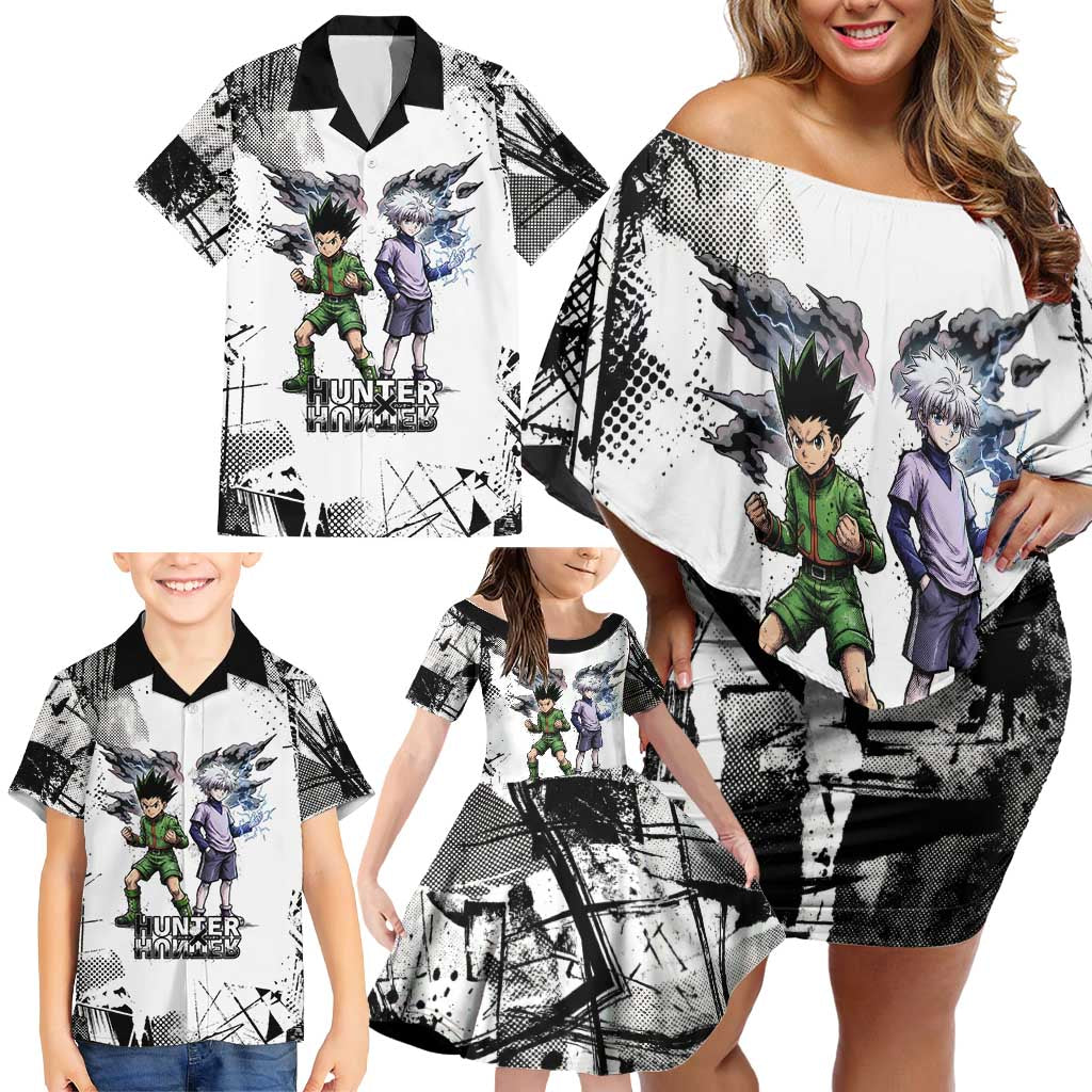 Main Characters Monochrome Graffiti Style Family Matching Off Shoulder Short Dress and Hawaiian Shirt with Gon Killua Kurapika and Leorio Team Design