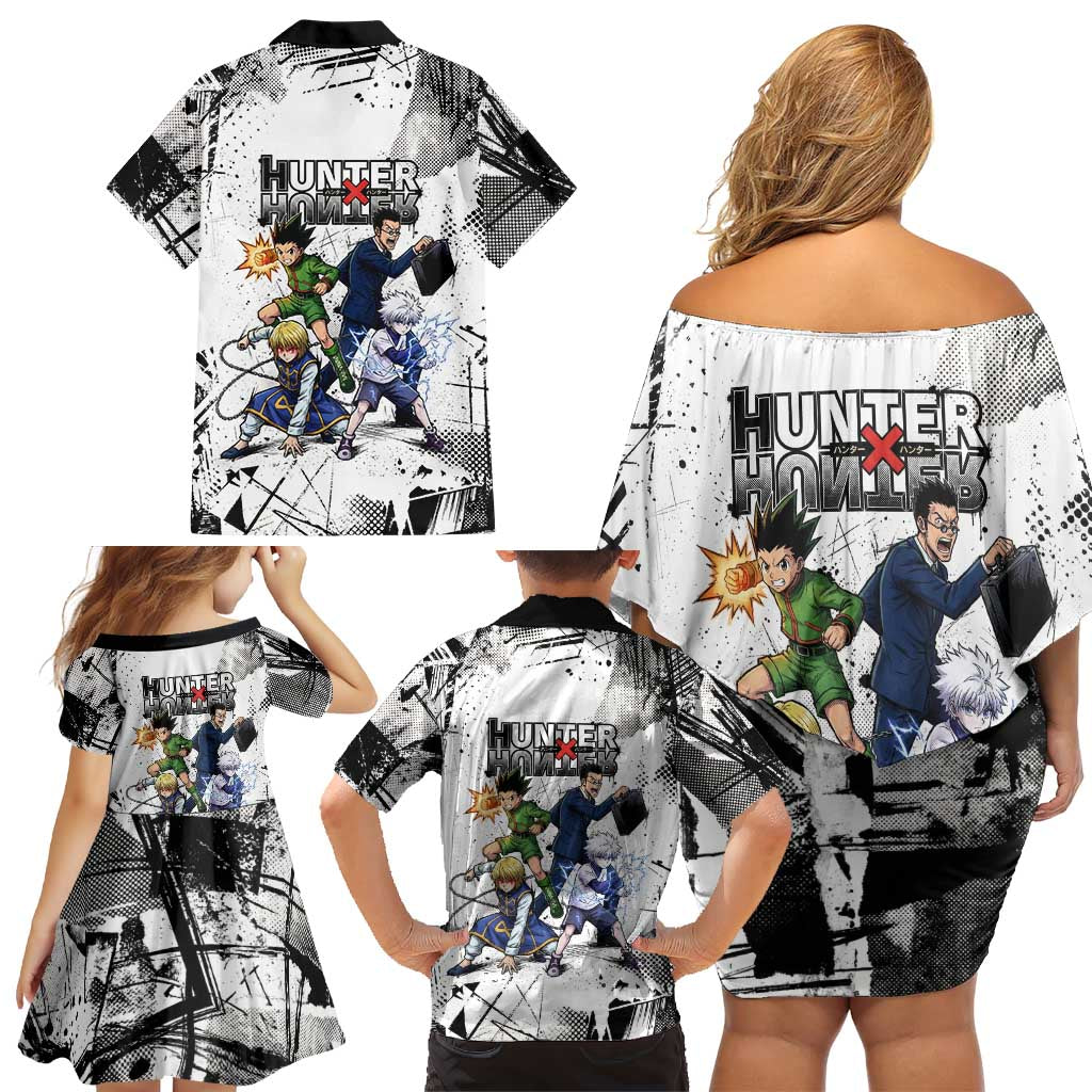 Main Characters Monochrome Graffiti Style Family Matching Off Shoulder Short Dress and Hawaiian Shirt with Gon Killua Kurapika and Leorio Team Design