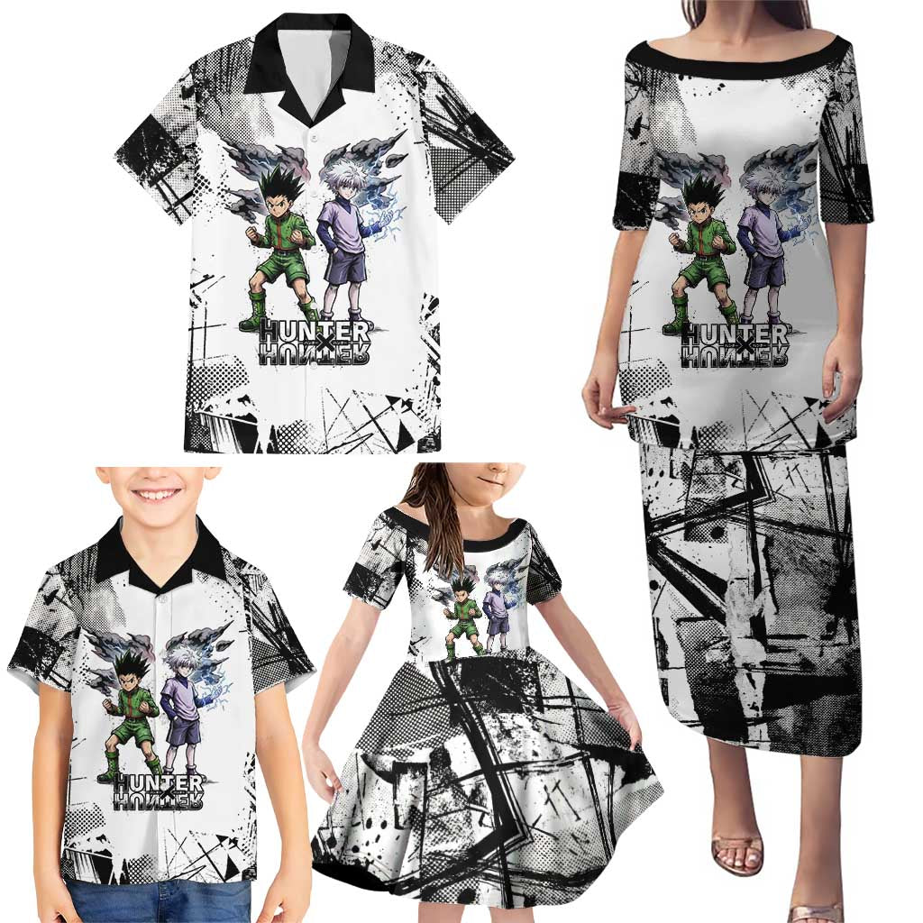 Main Characters Monochrome Graffiti Style Family Matching Puletasi and Hawaiian Shirt with Gon Killua Kurapika and Leorio Team Design