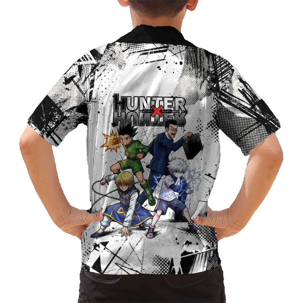 Main Characters Monochrome Graffiti Style Family Matching Puletasi and Hawaiian Shirt with Gon Killua Kurapika and Leorio Team Design