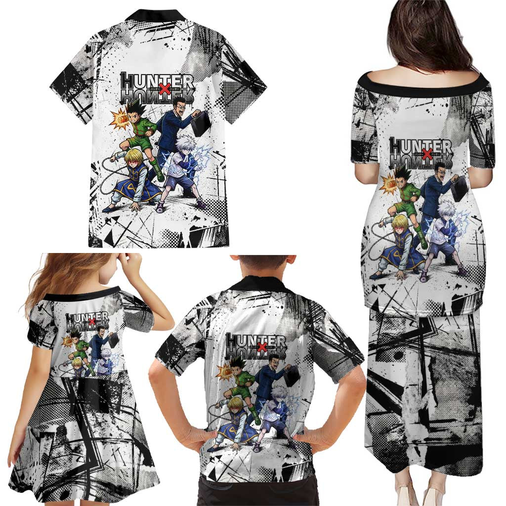 Main Characters Monochrome Graffiti Style Family Matching Puletasi and Hawaiian Shirt with Gon Killua Kurapika and Leorio Team Design