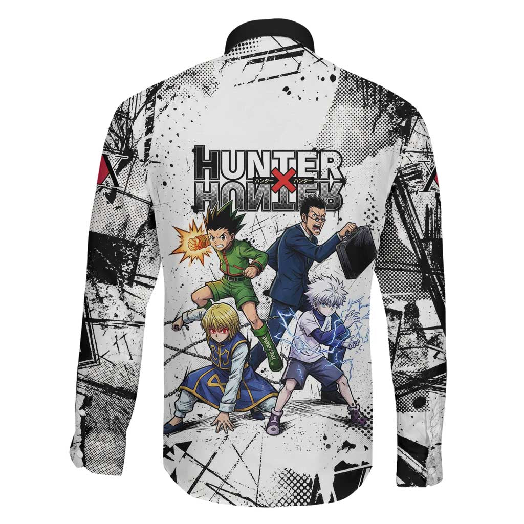 Main Characters Monochrome Graffiti Style Family Matching Puletasi and Hawaiian Shirt with Gon Killua Kurapika and Leorio Team Design