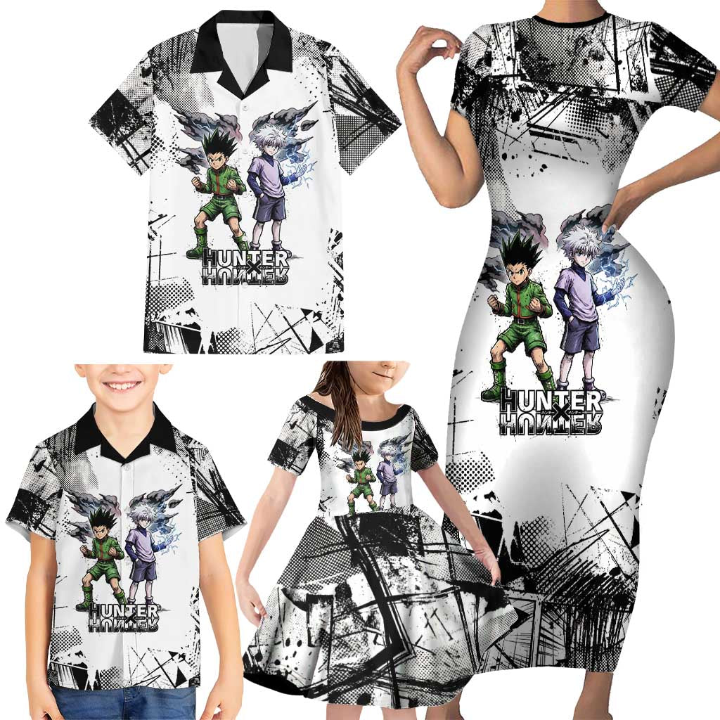 Main Characters Monochrome Graffiti Style Family Matching Short Sleeve Bodycon Dress and Hawaiian Shirt with Gon Killua Kurapika and Leorio Team Design