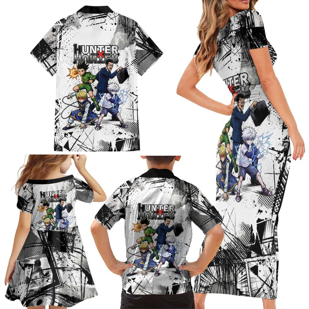 Main Characters Monochrome Graffiti Style Family Matching Short Sleeve Bodycon Dress and Hawaiian Shirt with Gon Killua Kurapika and Leorio Team Design