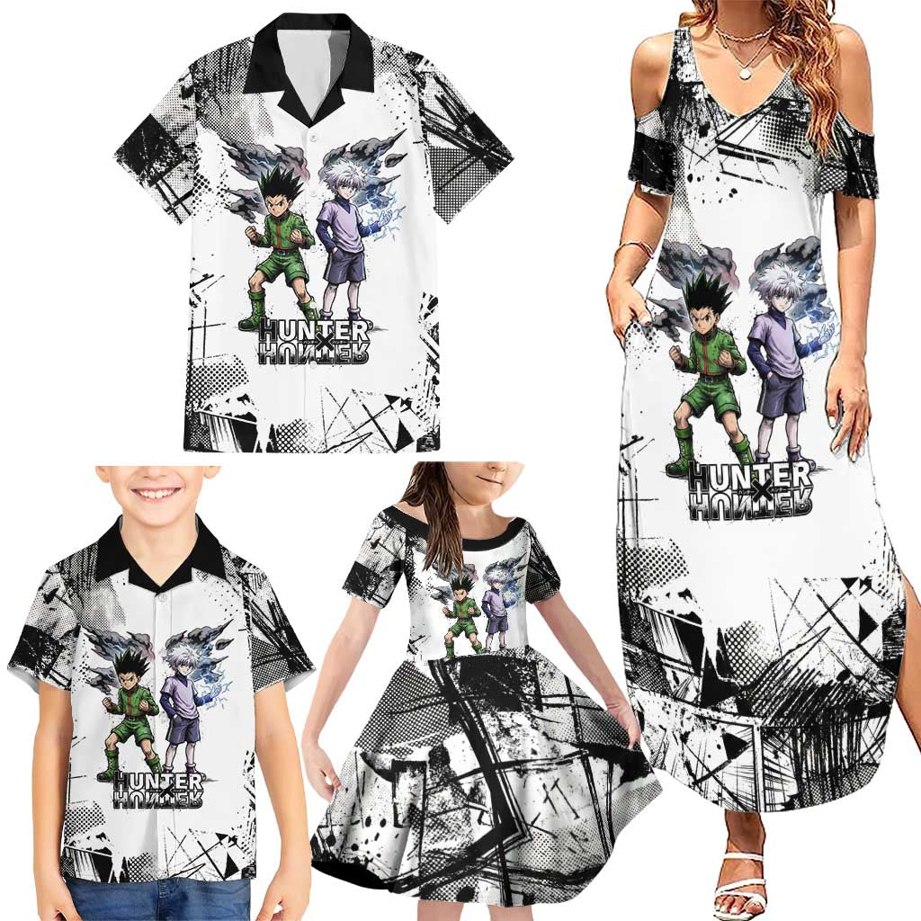Main Characters Monochrome Graffiti Style Family Matching Summer Maxi Dress and Hawaiian Shirt with Gon Killua Kurapika and Leorio Team Design