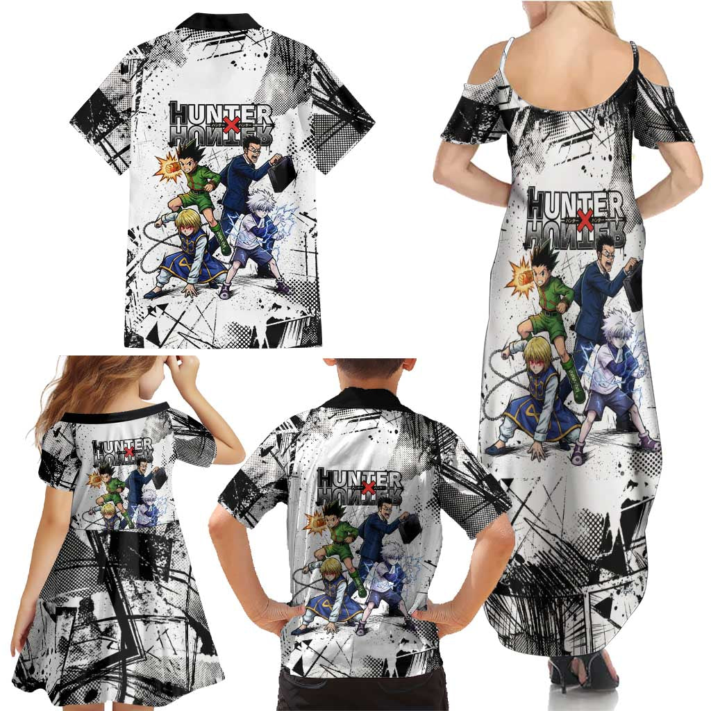 Main Characters Monochrome Graffiti Style Family Matching Summer Maxi Dress and Hawaiian Shirt with Gon Killua Kurapika and Leorio Team Design
