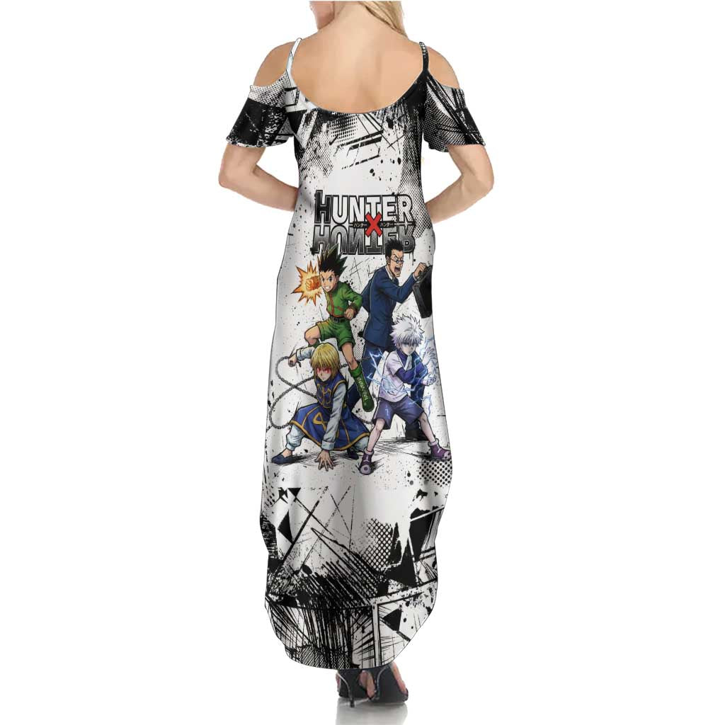 Main Characters Monochrome Graffiti Style Family Matching Summer Maxi Dress and Hawaiian Shirt with Gon Killua Kurapika and Leorio Team Design