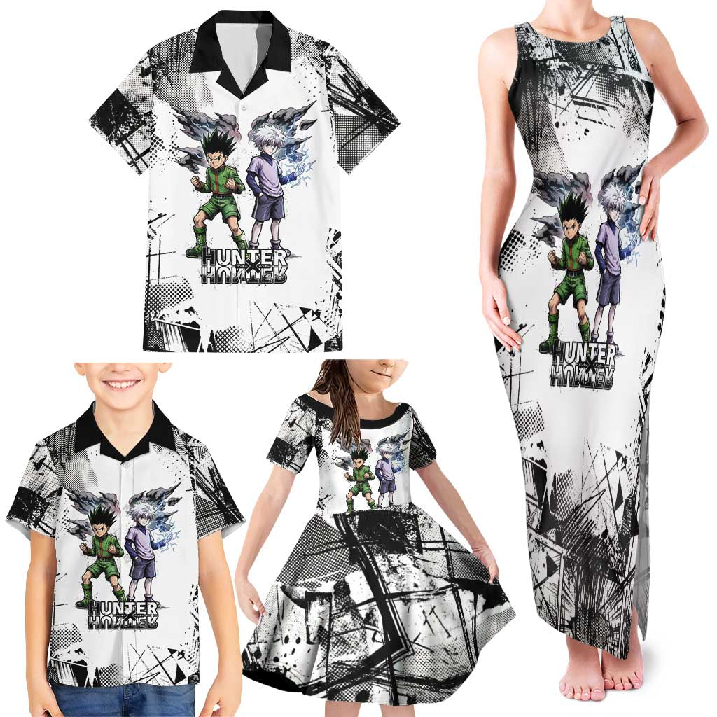 Main Characters Monochrome Graffiti Style Family Matching Tank Maxi Dress and Hawaiian Shirt with Gon Killua Kurapika and Leorio Team Design