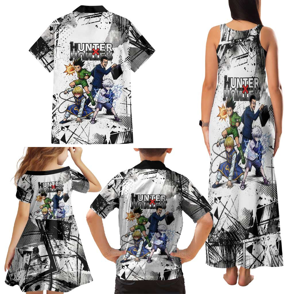 Main Characters Monochrome Graffiti Style Family Matching Tank Maxi Dress and Hawaiian Shirt with Gon Killua Kurapika and Leorio Team Design