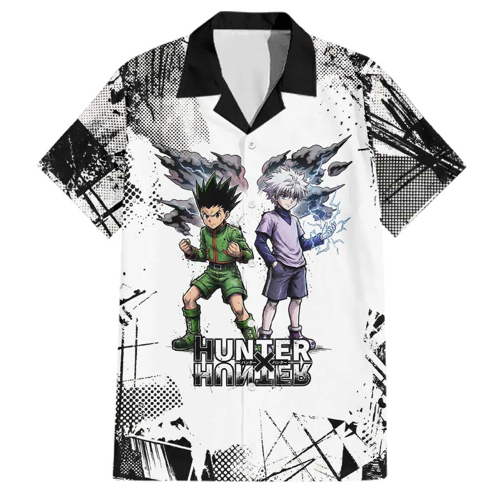 Main Characters Monochrome Graffiti Style Family Matching Tank Maxi Dress and Hawaiian Shirt with Gon Killua Kurapika and Leorio Team Design