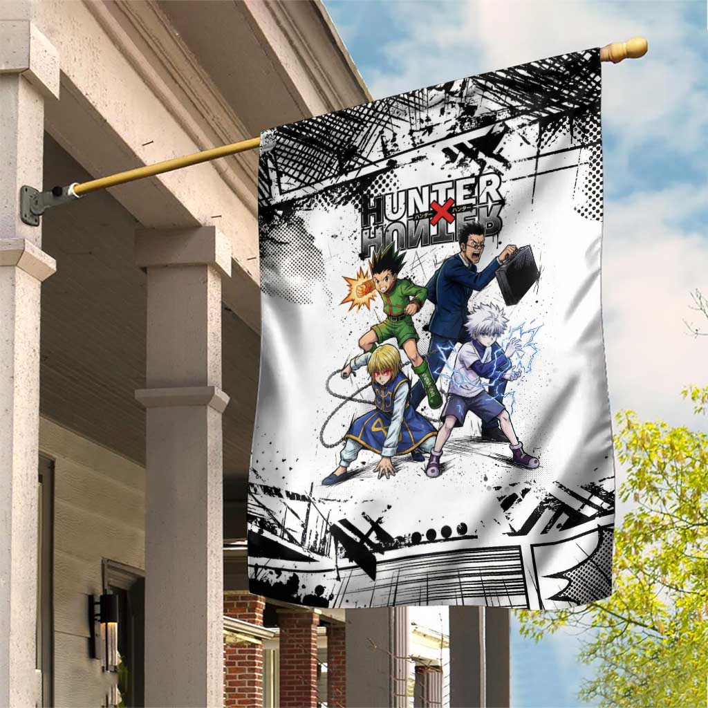 Main Characters Monochrome Graffiti Style Garden Flag with Gon Killua Kurapika and Leorio Team Design - The Mazicc